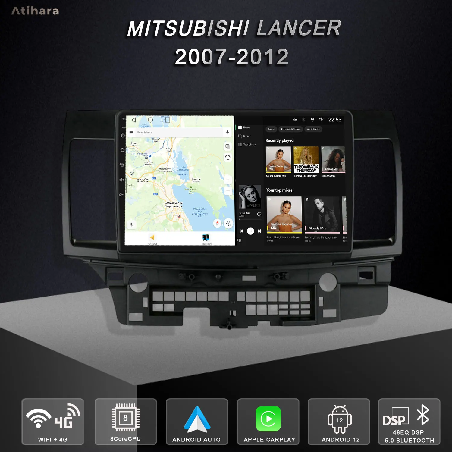 

Atihara 10.1" Car Radio For Mitsubishi Lancer 2007-2012 Carplay Android Auto, 2Din Multimedia Video Player 4G Wifi Bluetooth RDS