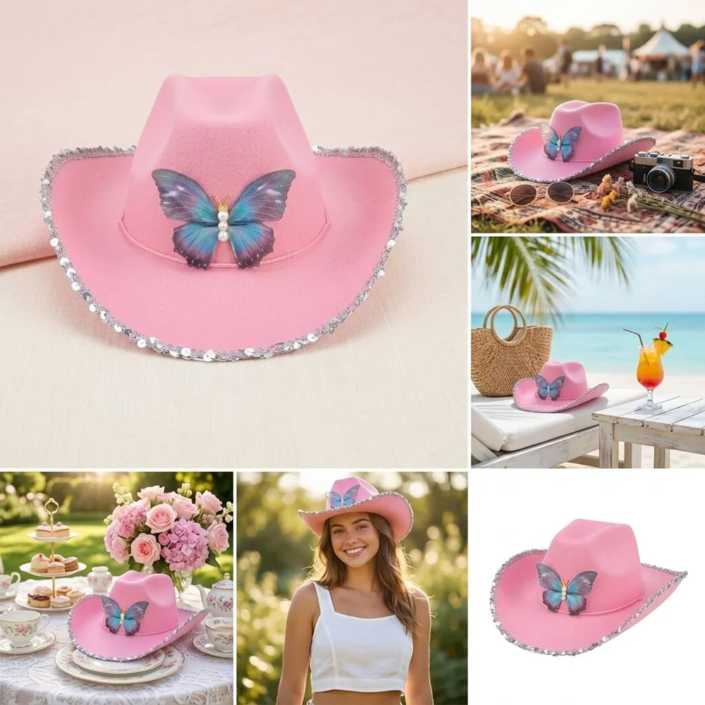 

Women's Pink Butterfly Cowboy Hat with Silver Sequins Trim - Wide Brim Western Cowgirl Hat for Vacation Adjustable Felt Sun Hat