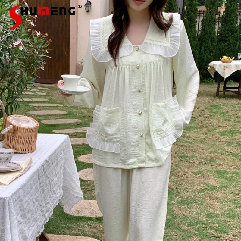

Women's Spring Summer Cotton Pajamas Long Sleeve Pure Color Princess Style Loungewear Female Doll Collar Sweet Homewear Set