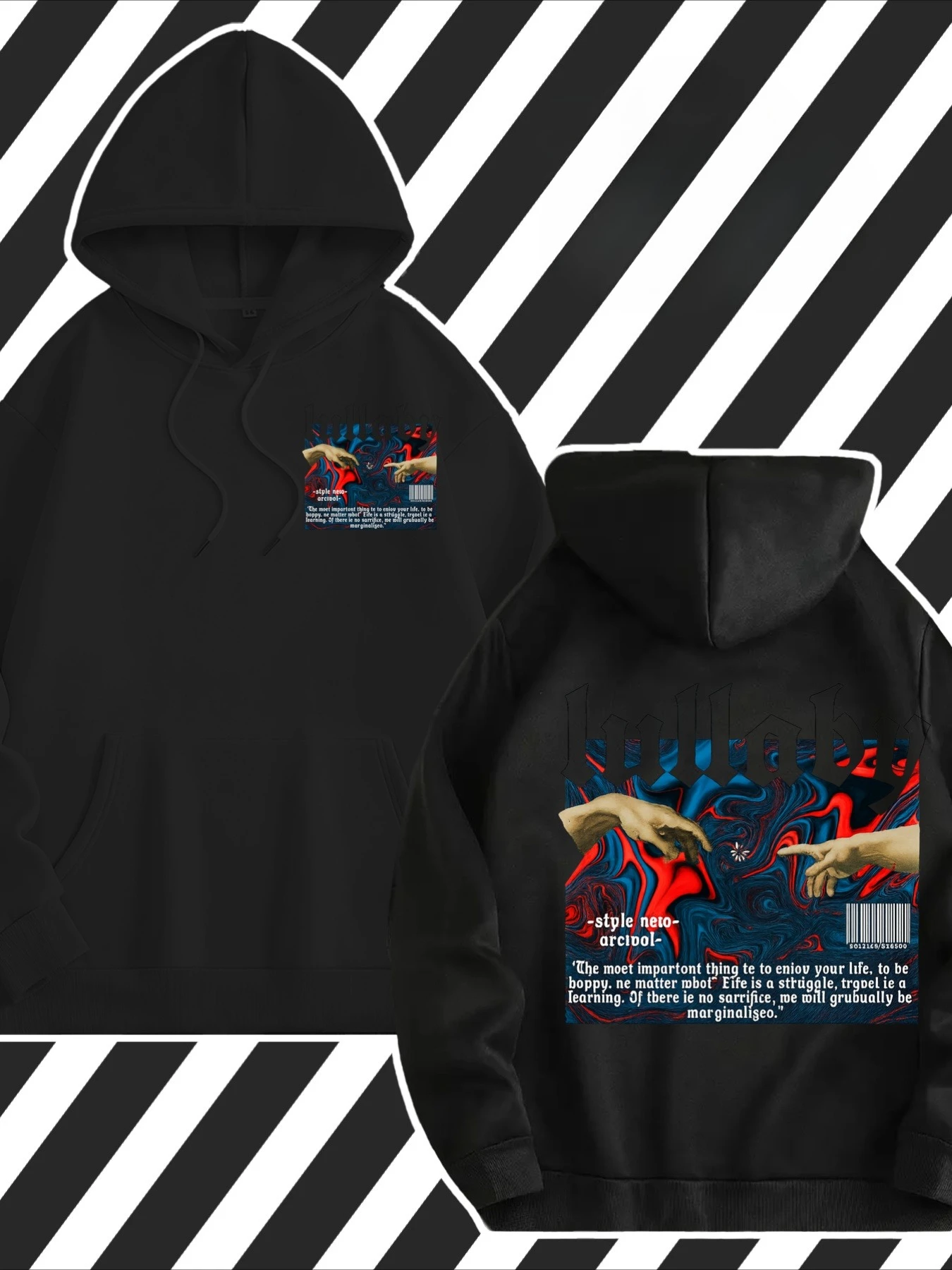 Adam creates a retro-style double-printed pattern hoodie. A casual streetwear long-sleeved hooded pullover.