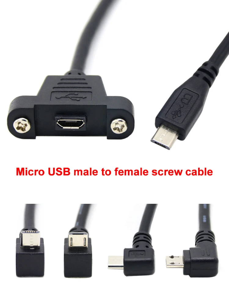 Connecteur Micro USB 2.0 mâle 30cm, 5 broches, 90 degrés, vers câble d'extension Micro femelle, pas 27mm avec vis, trou de montage sur panneau