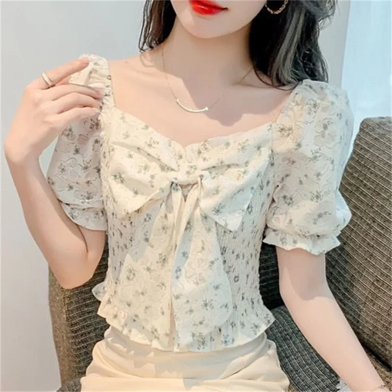 2024 Summer New Women's Short Sleeve Super Fairy Sweet Bow Floral Shirt Small Waist Slimming Short Chiffon Bubble Sleeve Top