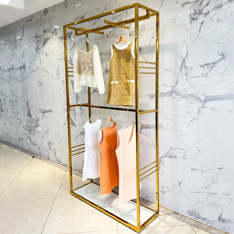 

customized.Boutique Clothing Store Shelves Stainless Steel Clothing Shelf Display Rack 2 layers Garment Display Stand