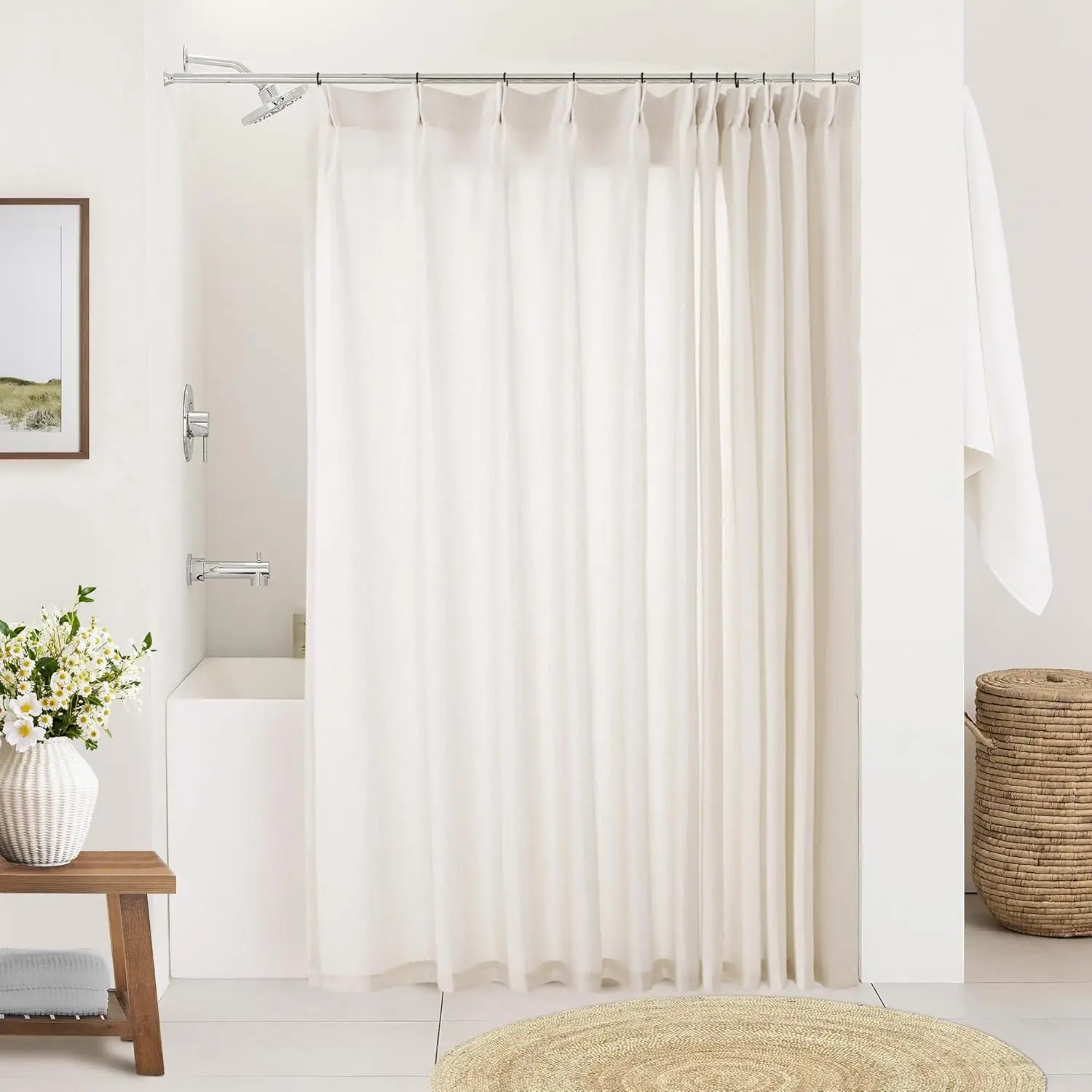 

Natural Pinch Pleated Linen Curtains 72 Inches Long 72 Inch Wide for Living Room Bathroom Light Filtering Semi Sheer Shower
