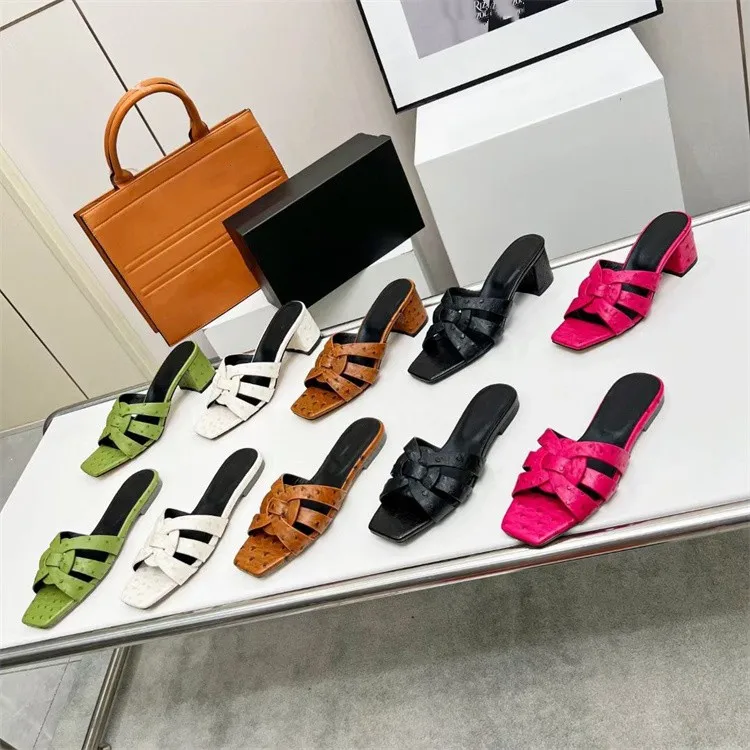 Ostrich Skin Like Flat Sandals Knitted Leather Women Shoes Summer Brand Design Slippers Sandalias