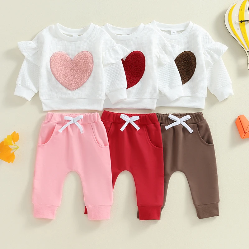 Toddler Newborn Baby Girl Valentine\'s Day Waffle Clothes Set Long Sleeve Ruffle Heart Sweatshirt Jogger Pants Set 2Pcs Outfit