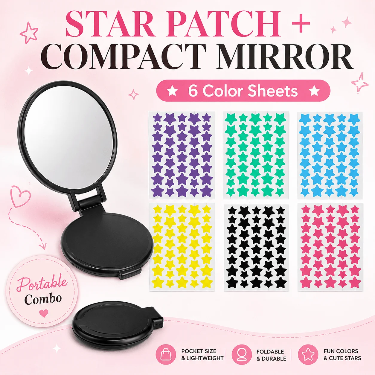 6-Color Star Patch Sheets with Foldable Compact Mirror, Pocket-Size Portable Beauty Set for Travel, Purse and Daily Touch-Ups view 2