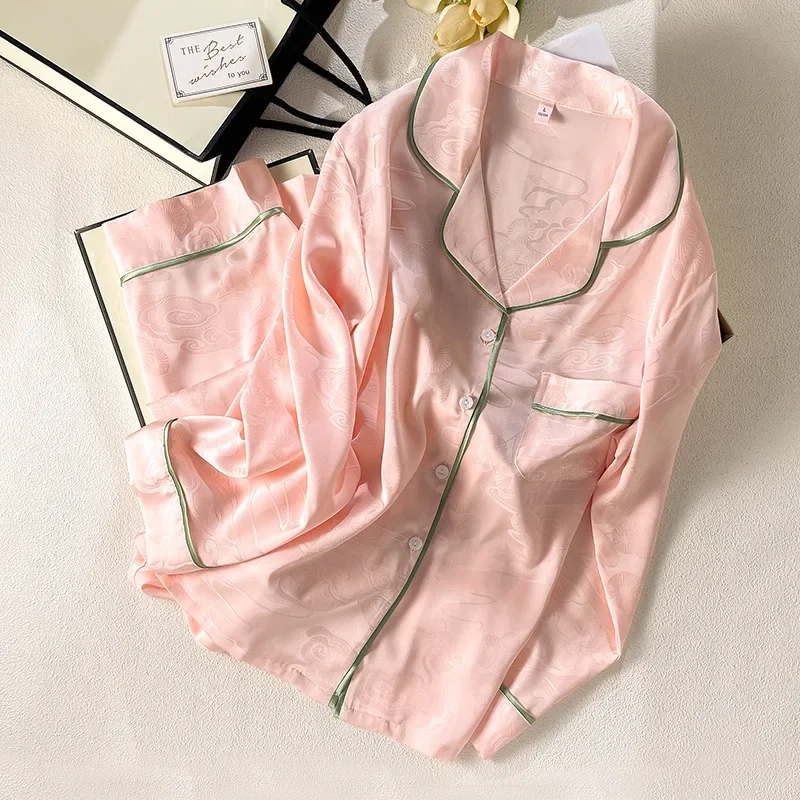 

Топ с длинными рукавами, брюки, 2 шт., женская сексуальная пижама из ледяного шелка, Mujer, одежда для сна с принтом, мягкая домашняя одежда, летние весенние пижамы, женская одежда