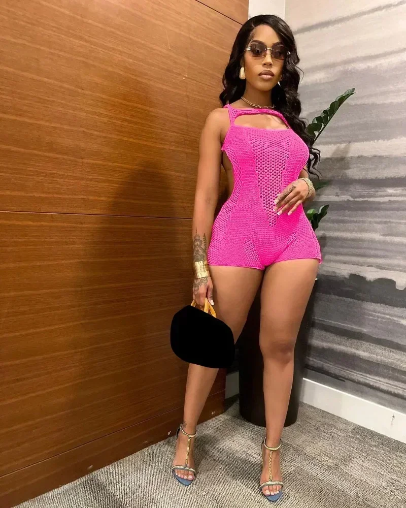 

GUWU сексуальный полый вязаный вечерние комбинезон женские комбинезоны и комбинезоны с открытой спиной без рукавов узкие пляжные наряды комбинированные шорты