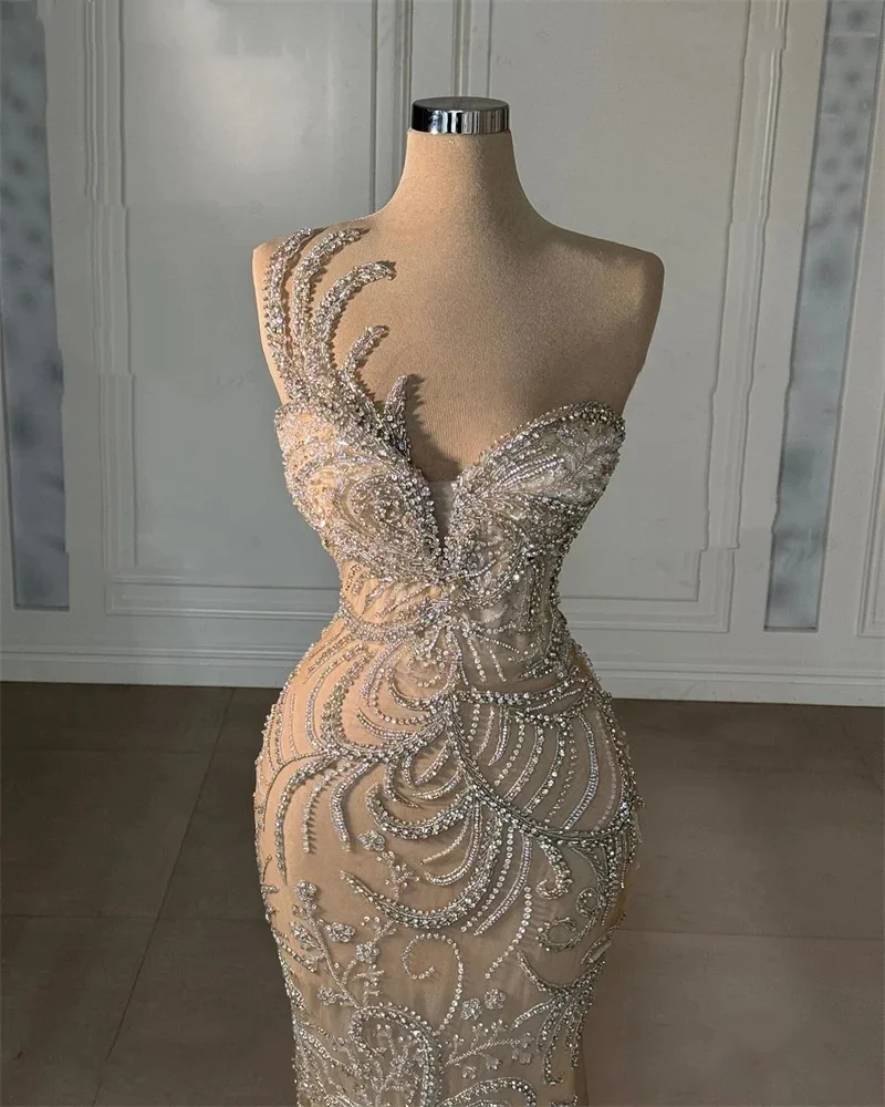 Luxury Wedding Dress Rhinestone Beaded Mermaid Bridal Gowns One Shoulder Sleeveless Customized Sweep Train Vestido de novia