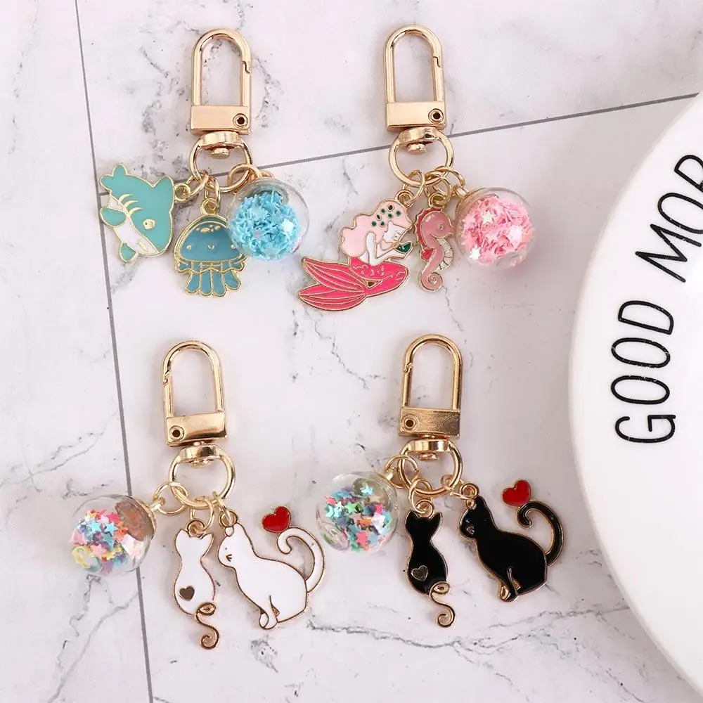 Pendants Cat Metal Key Ring Ocean Cat Jewelry Cat Couple Keychain Mermaid Jellyfish Cartoon Enamel Keychain Friend