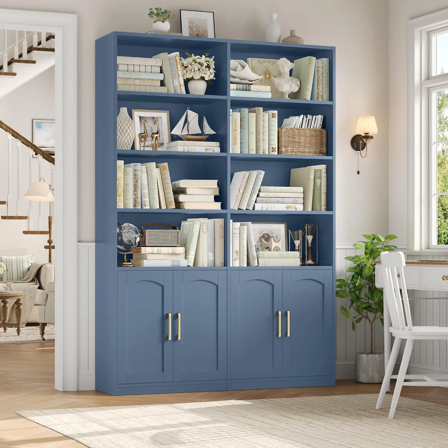 Double Wide Bookshelf With Doors, Tall Bookcase Open Storage Organizer, Home Office Living Room Floor Standing Display Cabinet, Industrial Style, Blue, 1 Piece