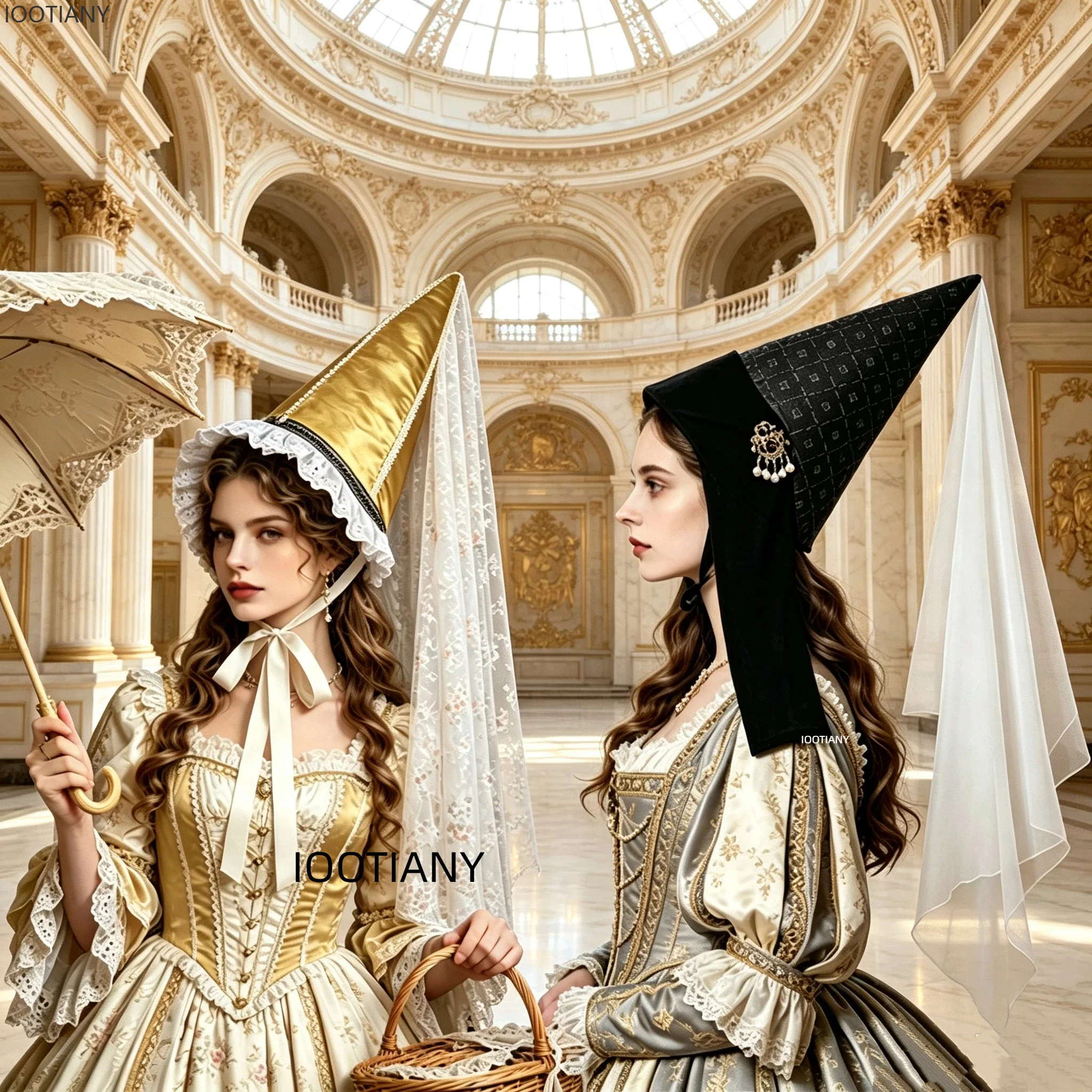 Vintage Gothic Pointed Witch Hat With Long Flowing White Chiffon Medieval Wizard Headwear Halloween Cosplay Costume Accessory