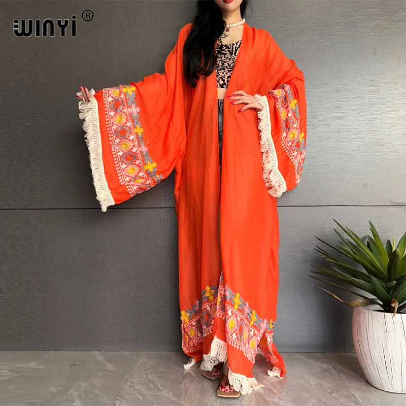 WINYI high quality Ethnic Embroidered Fringed Long Dress Boho beach Holiday Beach Cover Ups for Swimwear Women Africa Kimono