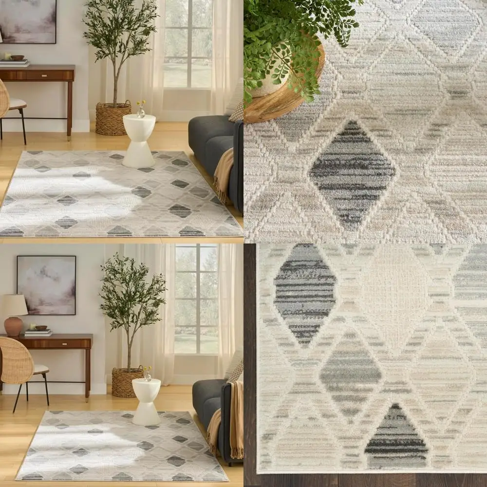 

nourison home serenity home beige grey 5'3" x 7'3" area rug - easy clean, non shedding, bed room, living room, dining room, kitc