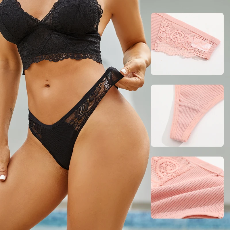 FINETOO 3Pcs Women\'s Cotton Underwear Lace Thongs Sexy Solid Color Low Waist Bikini Panties Ladies Breathable G-string Lingerie