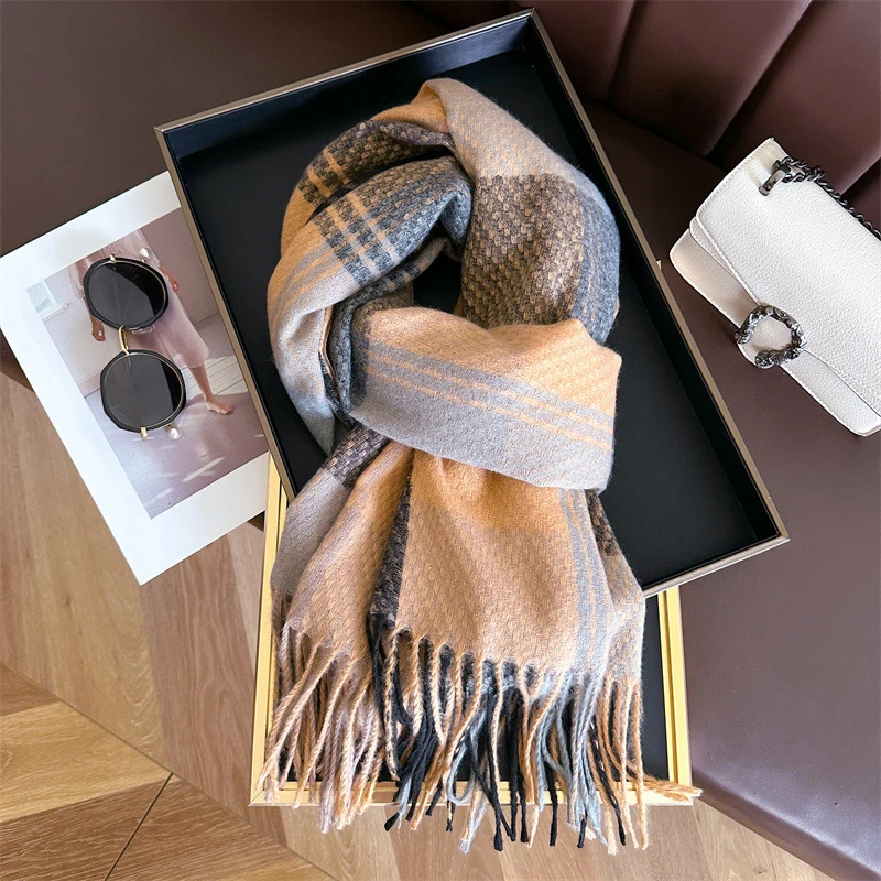 200x65cm Winter Warm Neck Protection Artificial Cashmere Plaid Casual Scarf Versatile Tassel Shawl