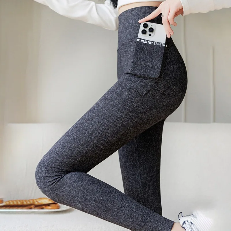 

New Denim-like Yoga Leggings High Waist Pocket Leggings Plus Size Butt Lift Casual Pants High Elastic Exercise Fitness Leggings