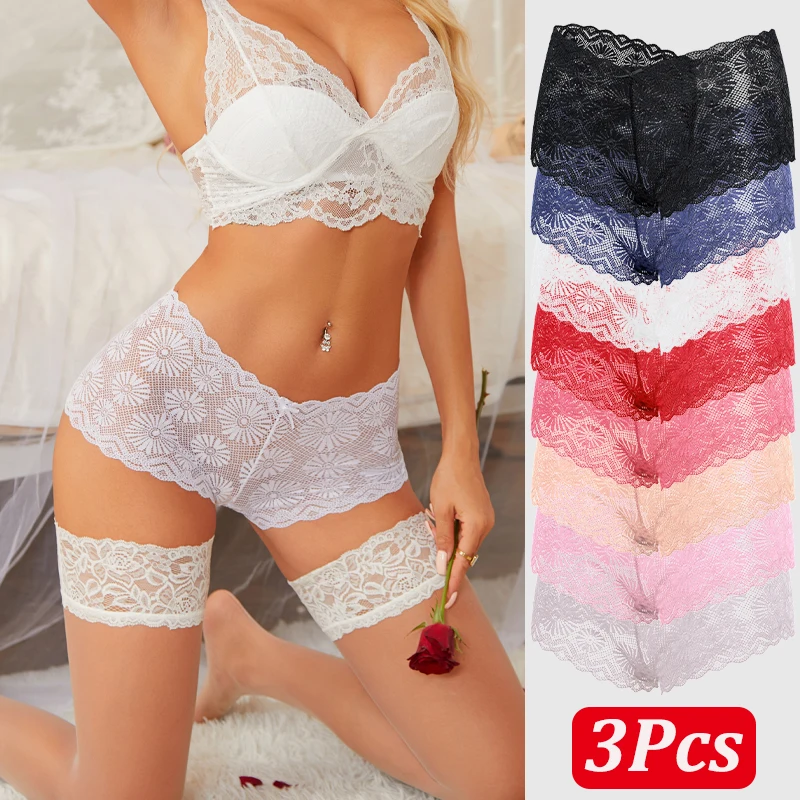

3PCS Sexy Lace Sunflower Bowknot Panties For Women Seamless Solid Color Hollow Out Boyshort Perspective Boxer Shorts S-XXL 2025