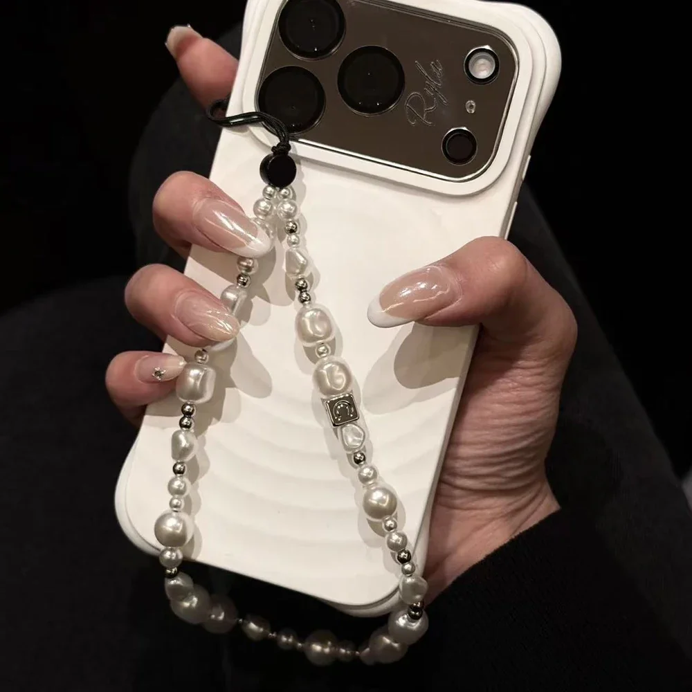 

Fashion Pearls Silver Pearl Beads Universal Phone Charm Straps Short Lanyard Phone Hanging Chain