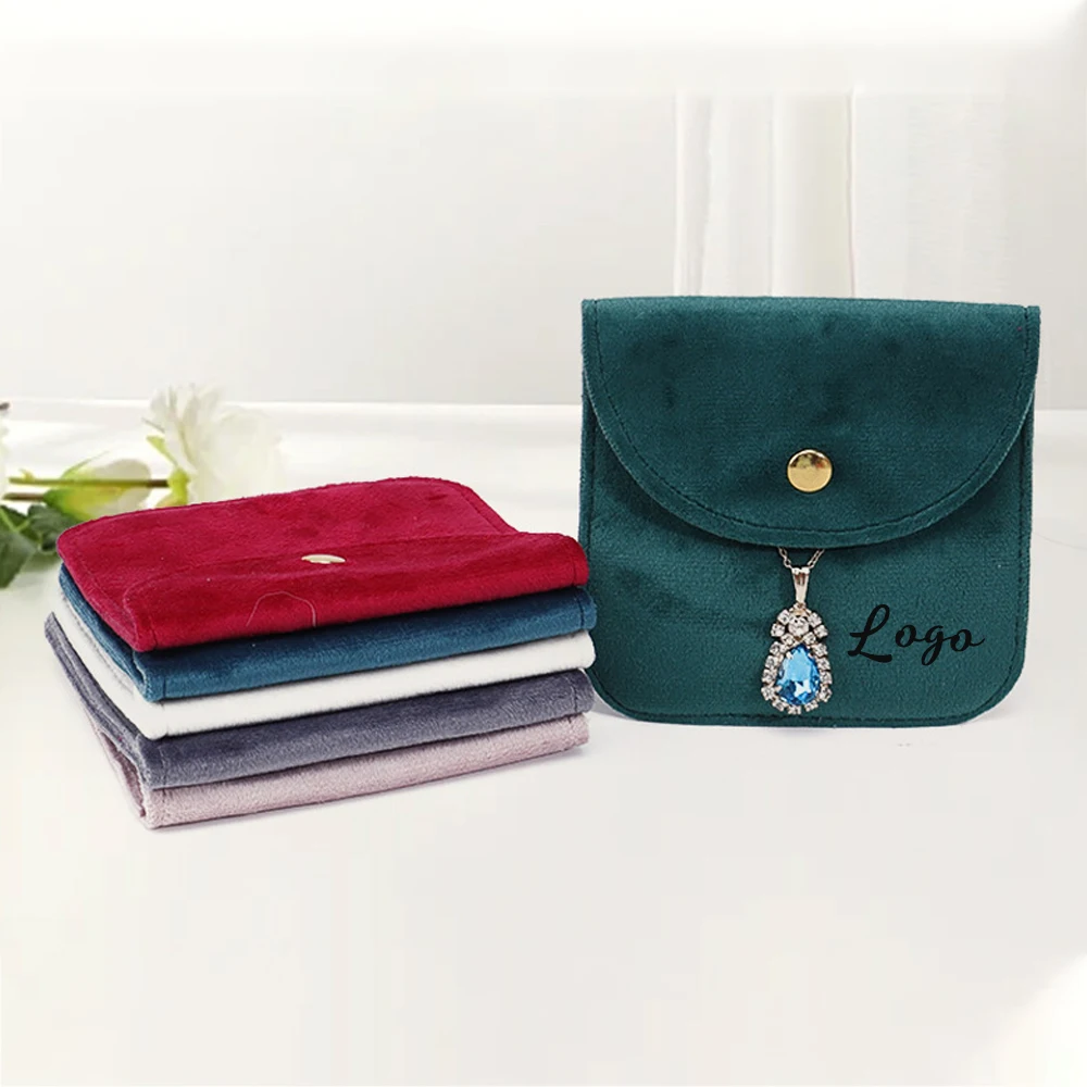

50pcs Custom Logo Velvet Jewelry Packaging Bag Snap Button Pouch Necklace Earrings Ring Storage Small Wedding Favor Bags Gift