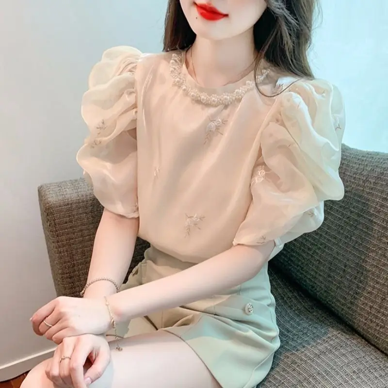

French Style Embroidered Short Sleeve T-Shirt Women's Summer New Design Sensation Small Audience Unique Exquisite Chiffon Shirt