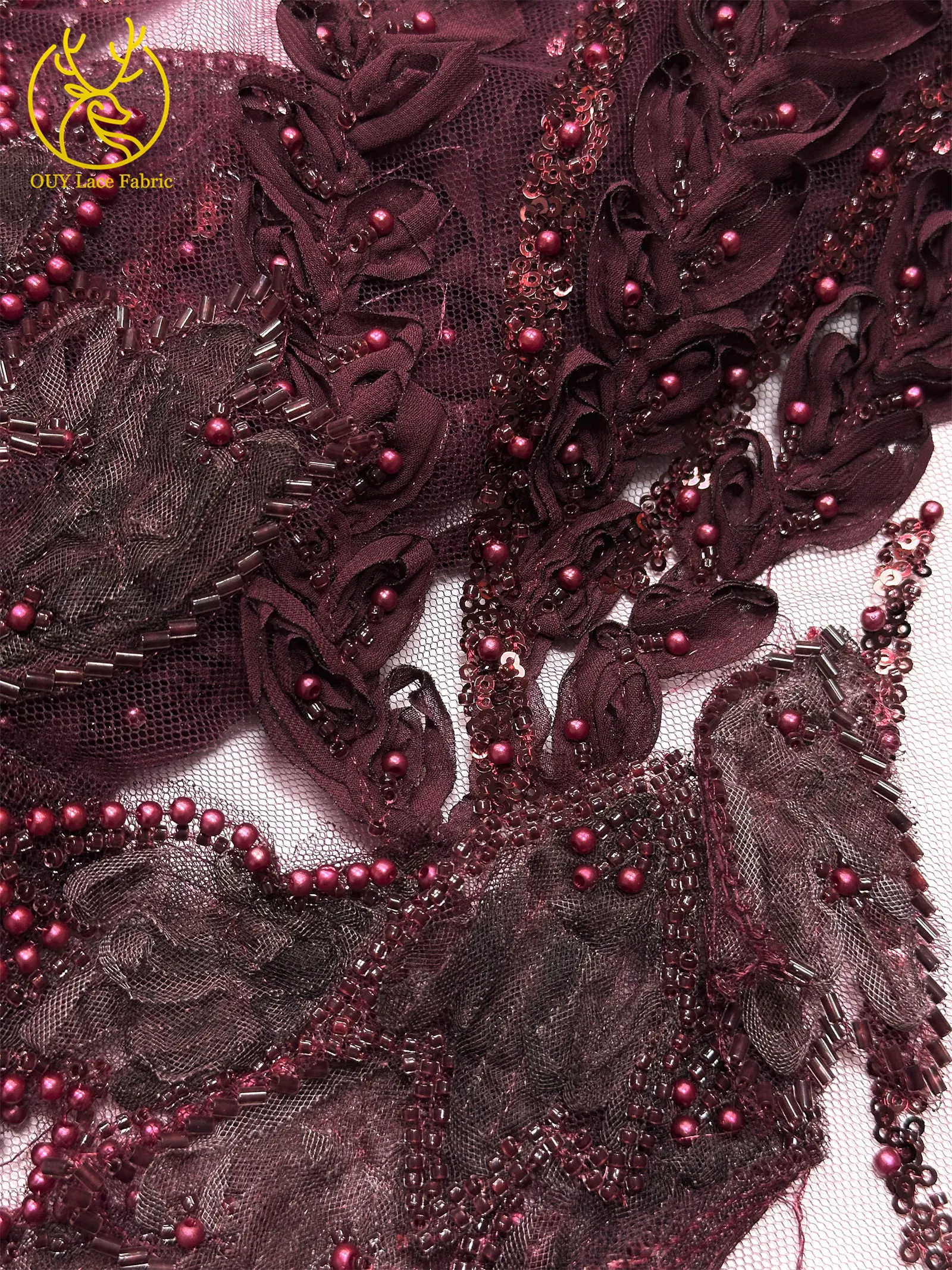 Französischer Luxus 3D-bestickter Perlen-Spitzenstoff, 5 Yards, eleganter afrikanischer nigerianischer Pailletten-Spitzenstoff für Damen, Hochzeits- und Partykleid – Detail 22