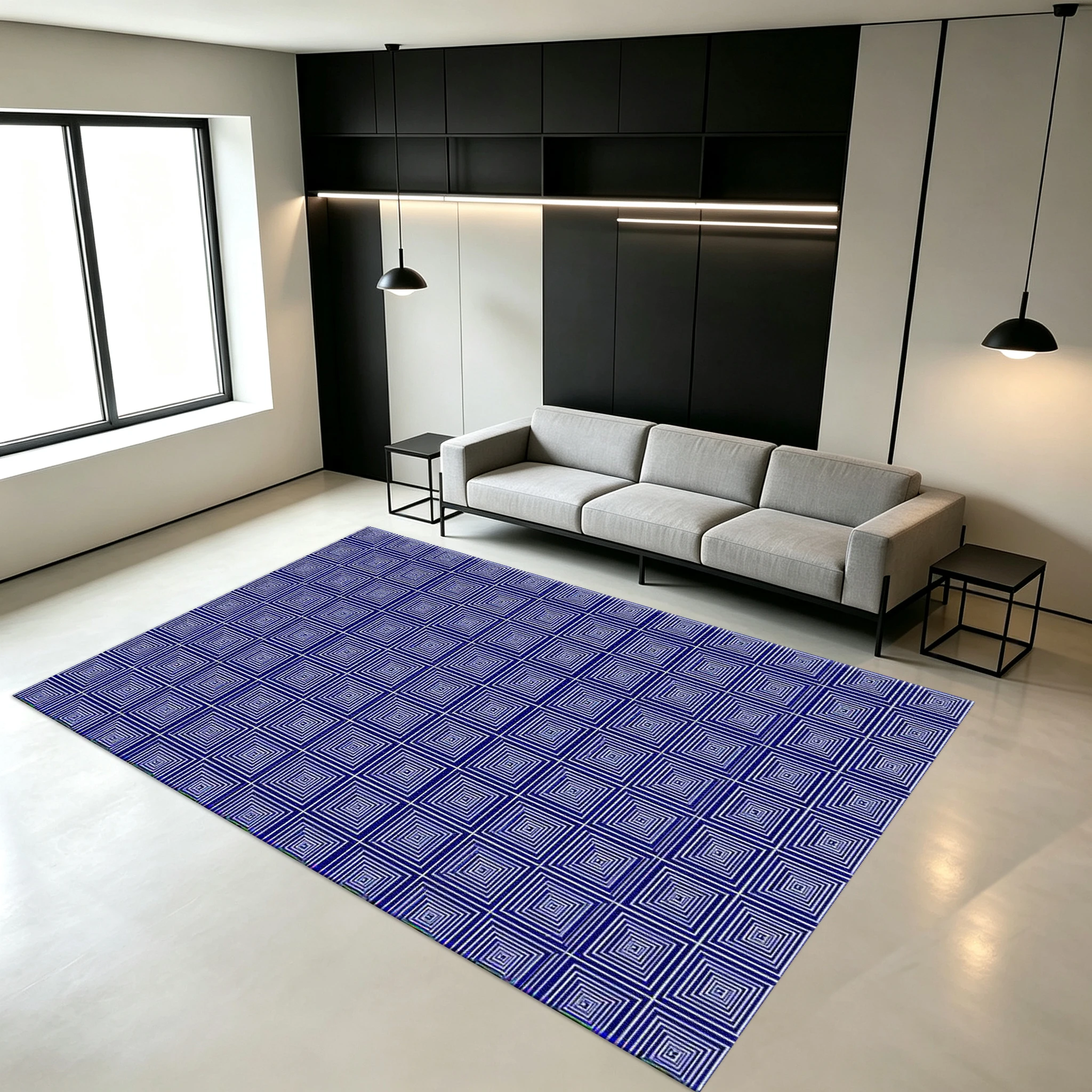 Blue Concentric Circle Square Retro Geometric Pattern Carpet, Non-Slip Printed Carpet, Suitable for Entryways, Bedrooms, and Home Floor Decoration