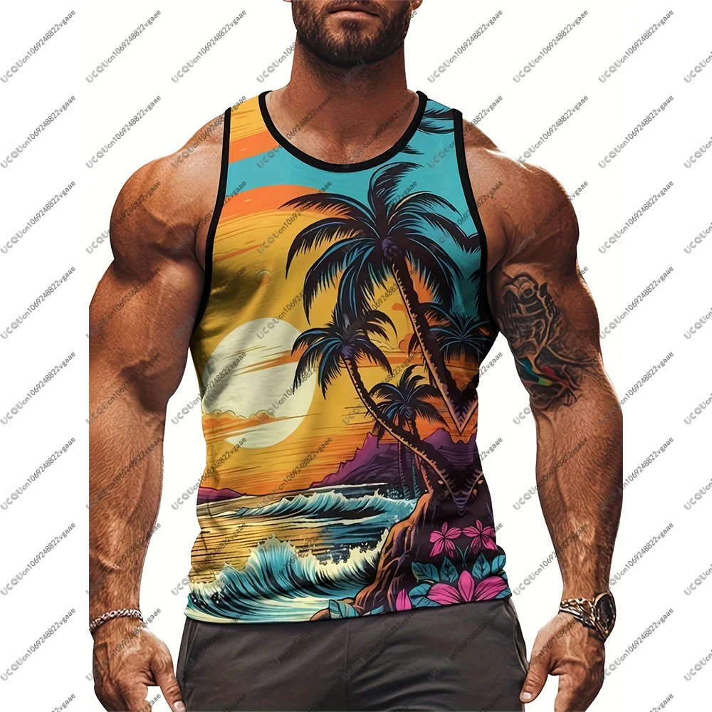 الصيف الاستوائية بدلة ركوب الأمواج تانك القمم الرجال عطلة الشاطئ تي شيرت تنفس سترة رياضية غير رسمية هدية شجرة النخيل بحر هاواي #6