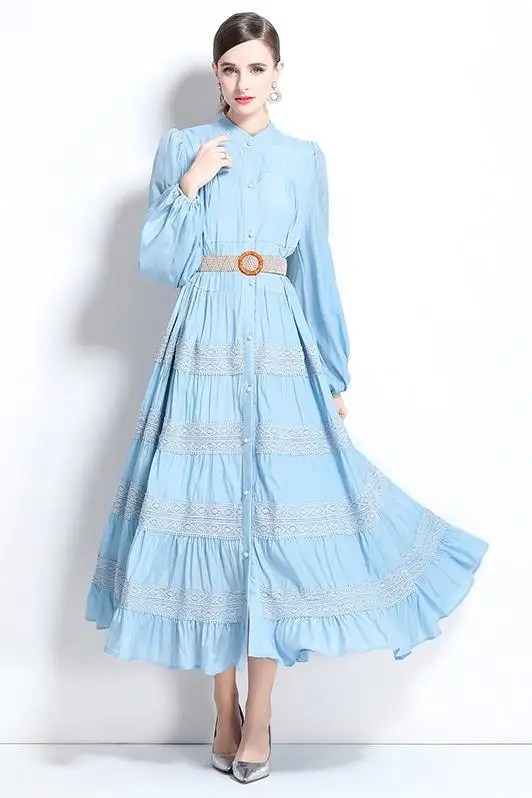 Elegant Women Dress Shirt Summer Autumn Belt Long Sleeve Pleated Embroidery Lace Striped Maxi Dress Evening Party Vestidos