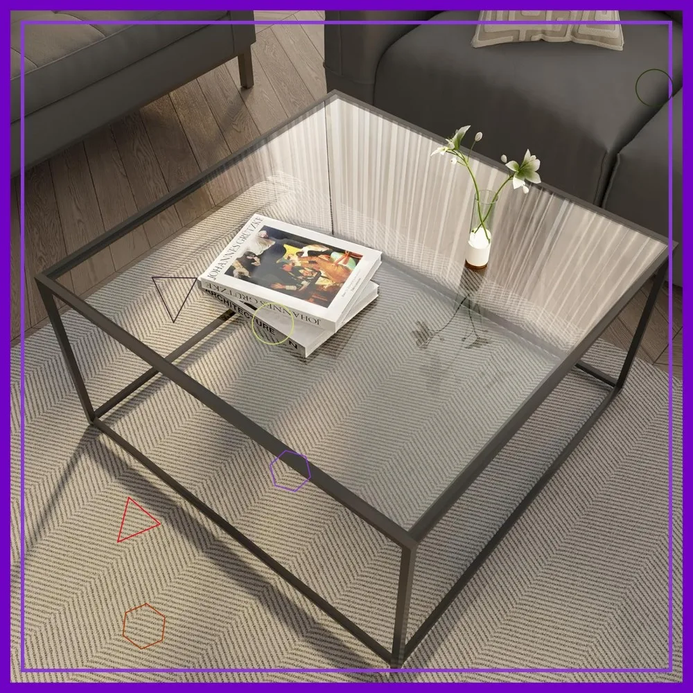 

Modern Glass Coffee Table with Sturdy Metal Frame, Minimalist Design for Living Room, Easy Assembly, Black Finish