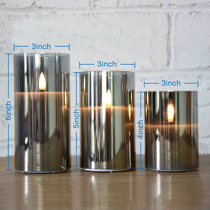 Grey Glass Candle Set 3D wick LED Candles Light Flickering Battery operated w/Remote Controller&Timer Bar Home Table Decoration