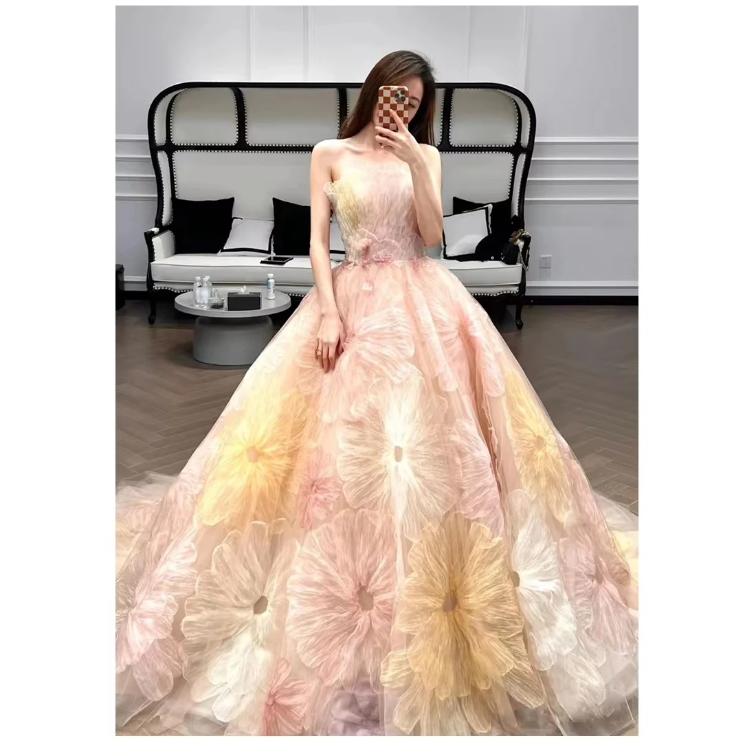 

Attractive Prom Dress Ball Gown Evening Dresses Colorful Pink Flowers Sweep Train/Floor Length Real Pictrues L&P DQL Studio