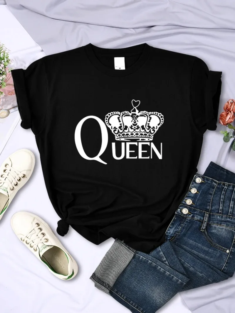 Summ hort Sleeve Street Hip Hop Tee Clothing O-Neck Casual Female TopsQueen'S Big Crown Printed Women T Shirts Breathable