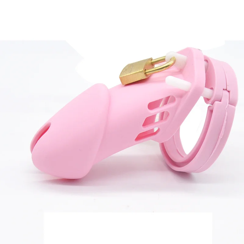 Pink Soft Silicone Male Chastity Cage Device Gimp Small/Large Lockable Ring Sex Toys with 5 Cock Ring Penis Sleeve for Men BDSM