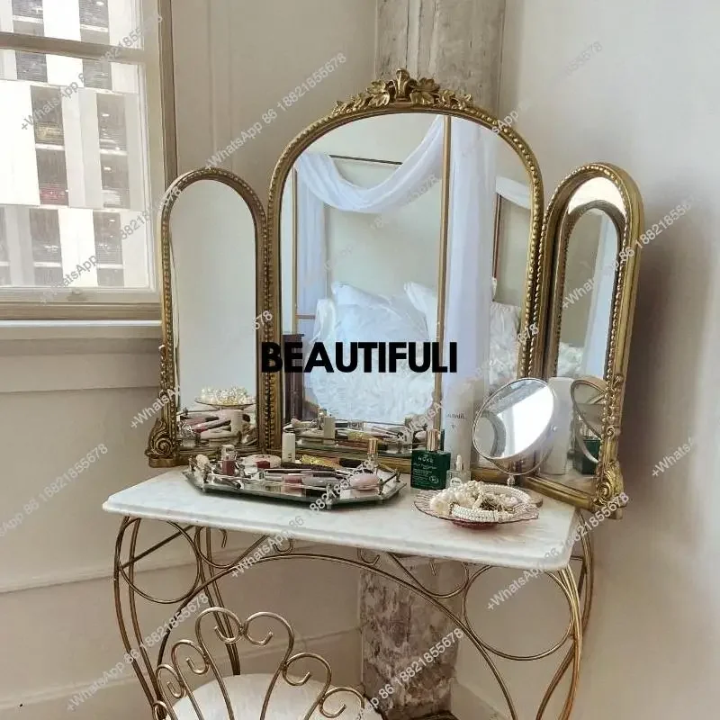 

European dresser desktop three-fold makeup mirror bedroom retro makeup mirror gold old decorative mirror