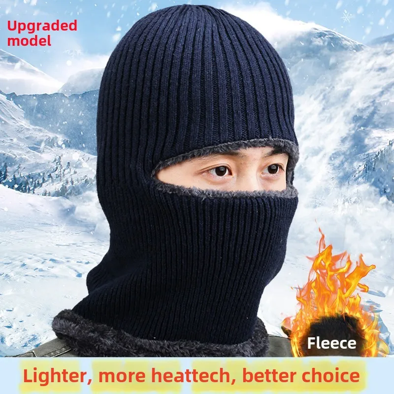 Men's Beanie Hat Winter Cycling Warm Wool Cap Men's Windproof Thicken Bucket Hat Mask Neck One-piece Sets Knitted Winter Hat Man