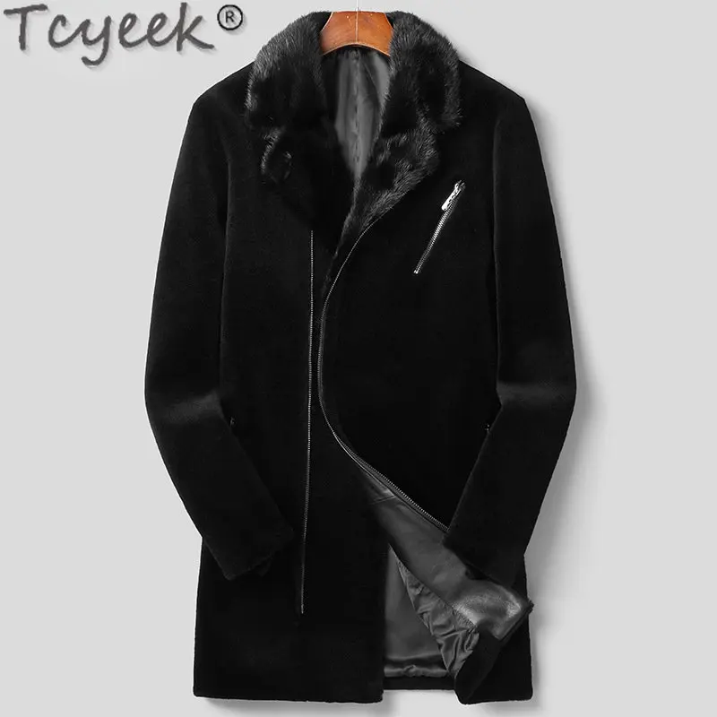 

Tcyeek Winter Warm Sheep Shearling Jacket Men Clothing Fashion Mid-long Wool Coat Man Mink Fur Collar Mens Real Fur Jackets LM