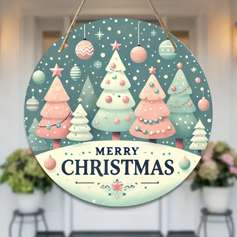 2D flaches kreisförmiges Weihnachtsschild aus Holz – Ein Frohe Weihnachtsdesign mit Schneeflocken, Sternen und Bäumen, Weihnachtsdekoration