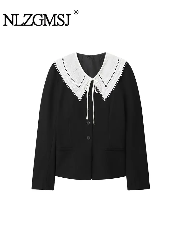 

NLZGMSJ Women Lace Collar Decoration Jacket 2025 Autumn Long Sleeve Single Breasted Coat Office Jacket Thin OL Y2K