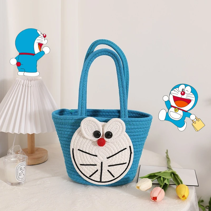 

Doraemon Handbag Vegetable Basket Women Straw Tote Weaving Bag Cartoon Summer Beach Storage Basket Large Capacity Shoulder Bag