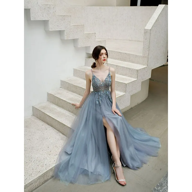 Elegant Sexy High Cross V Neck Summer Long Evening Dress Lady Girl Women A-Line Prom Dress Party Performance Evening Dress