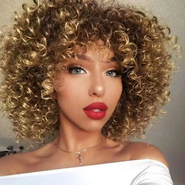 

Curly Wigs for Black Women,Curly Afro Wigs With Bangs, Synthetic Ombre Blonde Curly Wigs, Full Curly Wig for Black Women Daily