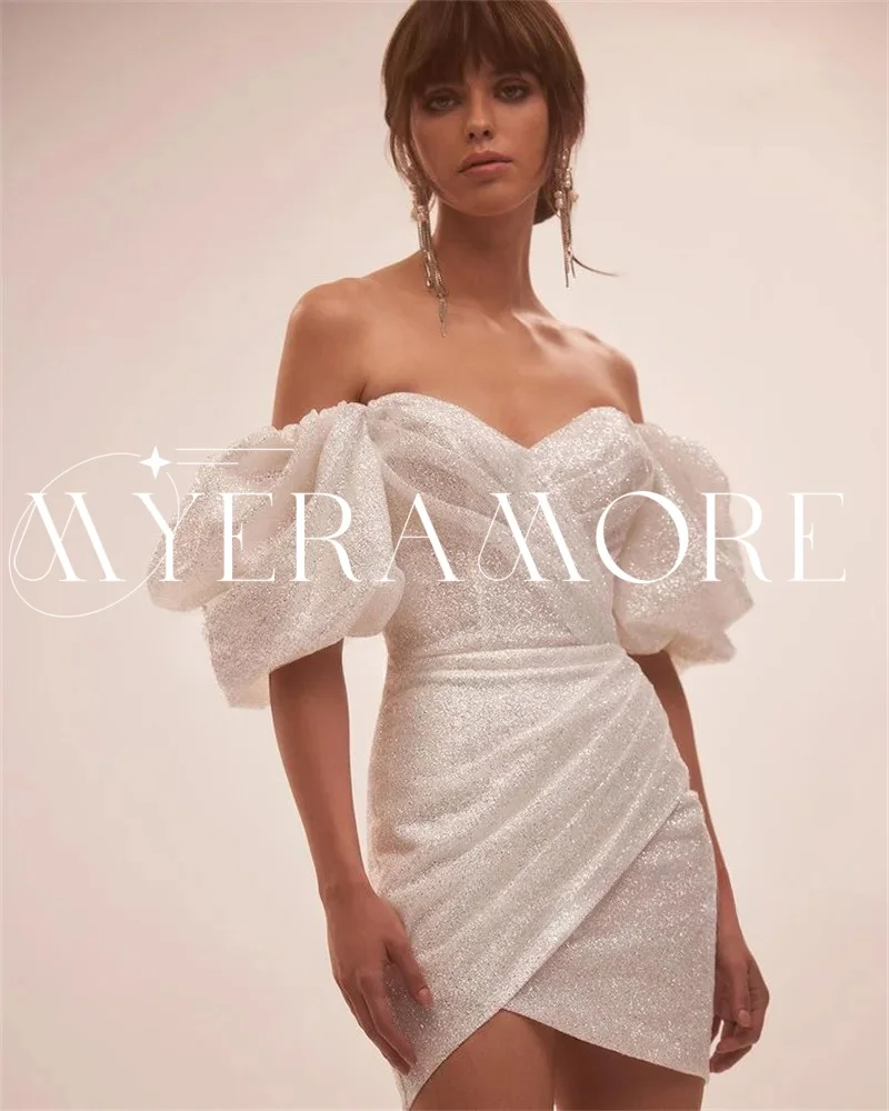 

Блестящие короткие платья для выпускного вечера с открытыми плечами Русалка с пышными рукавами и складками Коктейльные платья с открытой спиной по индивидуальному заказу فساتين условия проведения