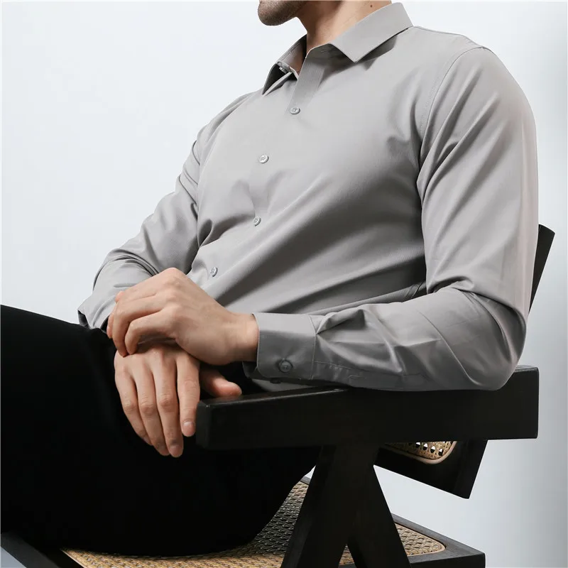 대나무 섬유 심리스 접착 셔츠, 남성용 비즈니스 캐주얼 긴팔 셔츠, 사계절 범용 단색, 고급