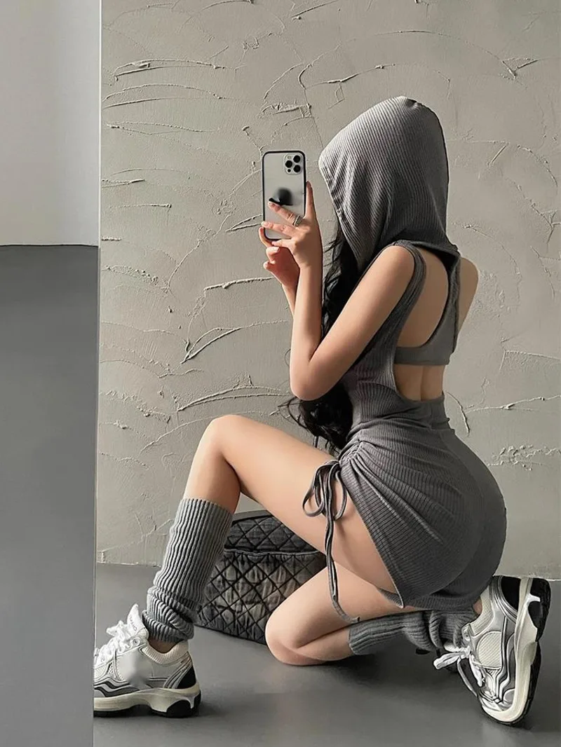 Sweet Girl Hooded Drawstring Slim Sleeveless Open Back Drawstring Folded Jumpsuit Fashion European American Playsuits S2P7