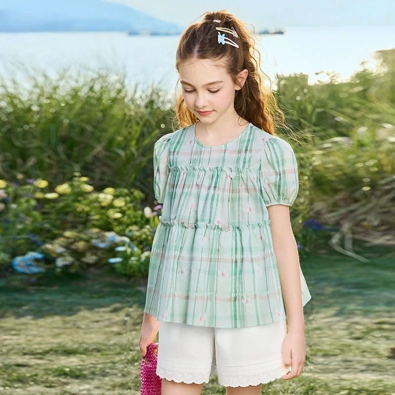 Kids Girls Plaid Summer Shirt Short Sleeve Lightweight Blouse Breathable Crop Top Stylish Outfit for Little Girl Toddler Wear