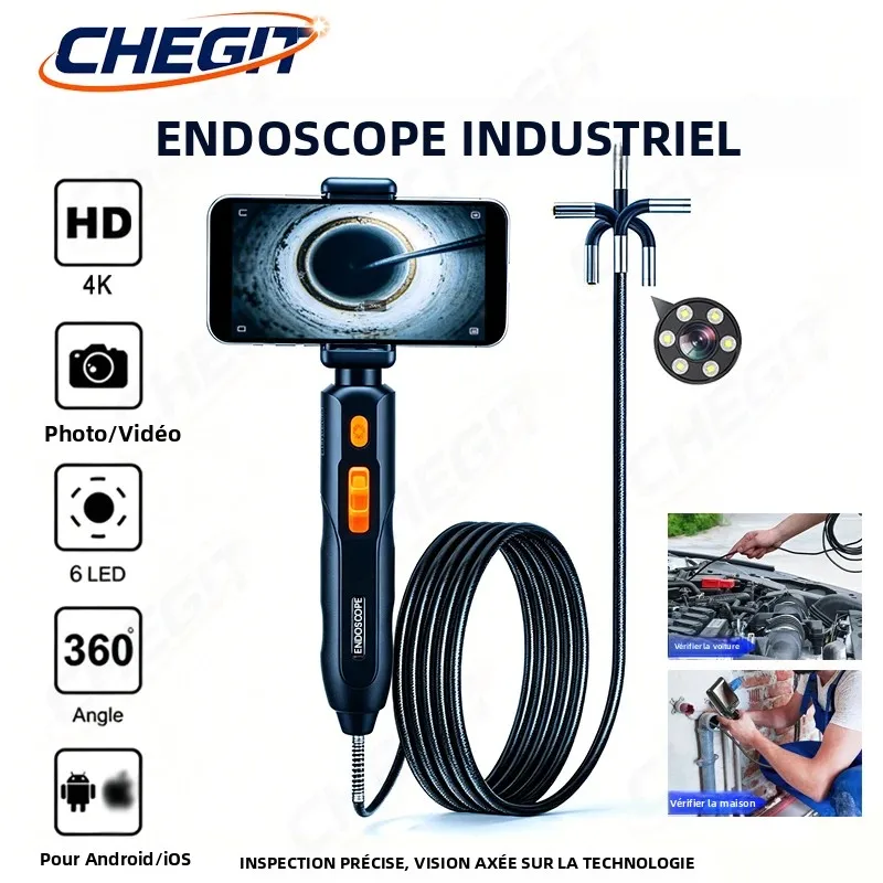 Caméra endoscopique mobile 4K UHD, caméra boroscope articulée bidirectionnelle avec lumière pour automobile, voiture, iOS, Android