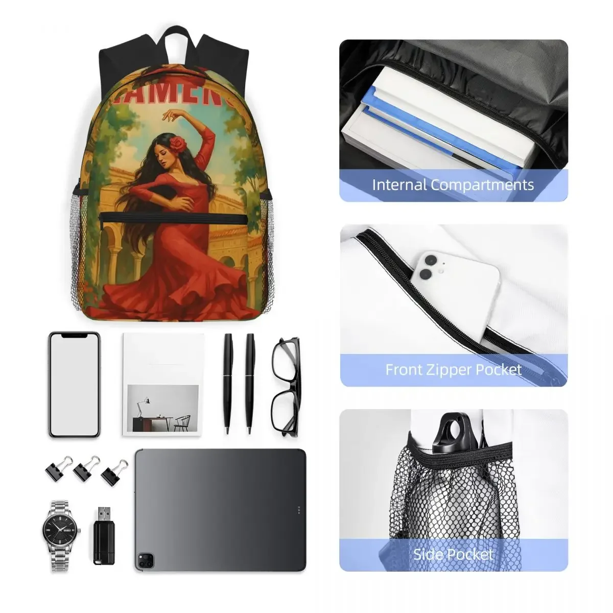 حقيبة ظهر فستان أحمر راقص الفلامنكو Daypack سعة كبيرة للأولاد والبنات حقيبة كتب مدرسية حقائب كتف للرجال والنساء #5