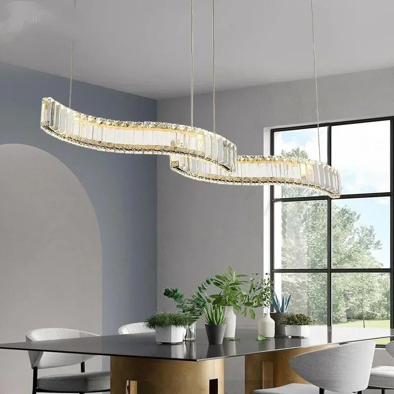 Modern Dining Room Dimmable Led Pendant Lights Double S Wave Steel Lustre K9 Crystal Led Luminarias Indoor Art Deco Hanging Lamp